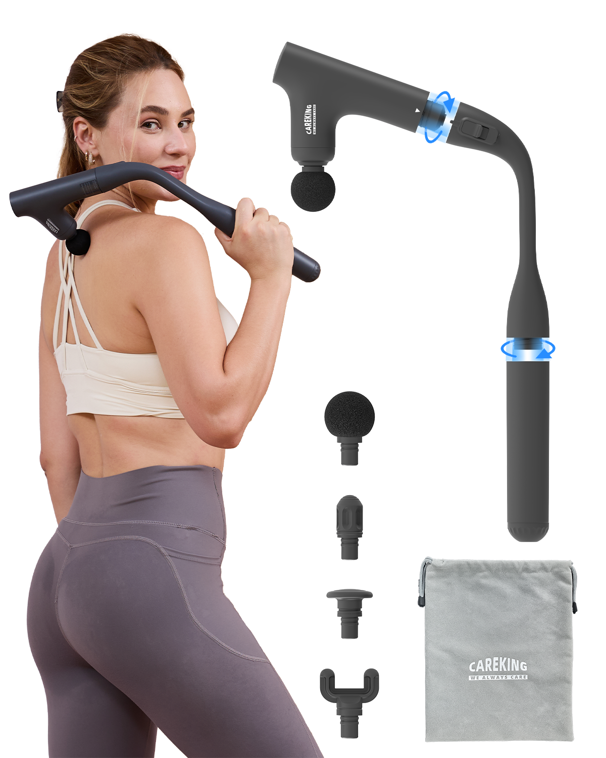 CAREKING 3-in-1 Detachable Massage Gun Deep Tissue, Ergonomic Extension Handle Back Massager for Pain Relief, Portable Percussion Muscle Massager for Shoulder, Thigh, Waist & Neck