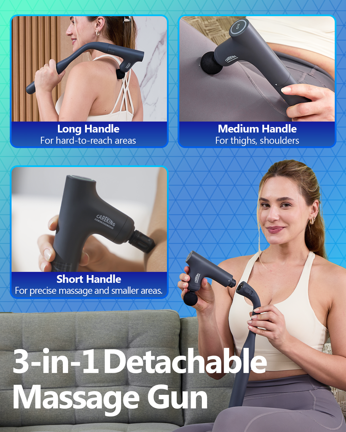 CAREKING 3-in-1 Detachable Massage Gun Deep Tissue, Ergonomic Extension Handle Back Massager for Pain Relief, Portable Percussion Muscle Massager for Shoulder, Thigh, Waist & Neck