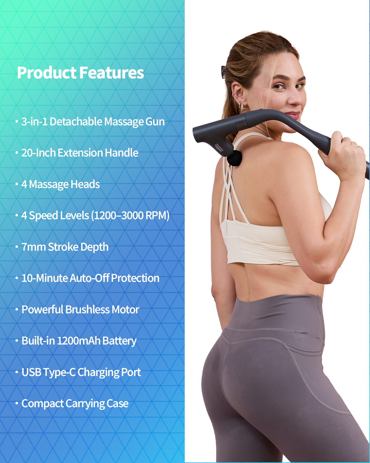 CAREKING 3-in-1 Detachable Massage Gun Deep Tissue, Ergonomic Extension Handle Back Massager for Pain Relief, Portable Percussion Muscle Massager for Shoulder, Thigh, Waist & Neck