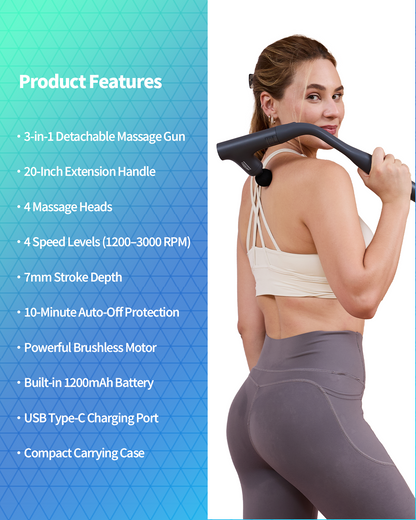 CAREKING 3-in-1 Detachable Massage Gun Deep Tissue, Ergonomic Extension Handle Back Massager for Pain Relief, Portable Percussion Muscle Massager for Shoulder, Thigh, Waist & Neck