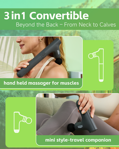 3 Style Back Massage Gun with Extended Handle for Hard-to-Reach Areas, Convertible Massager Pain Relief Deep Tissue Percussion Muscle Massager Shoulder, and Legs for Men and Women