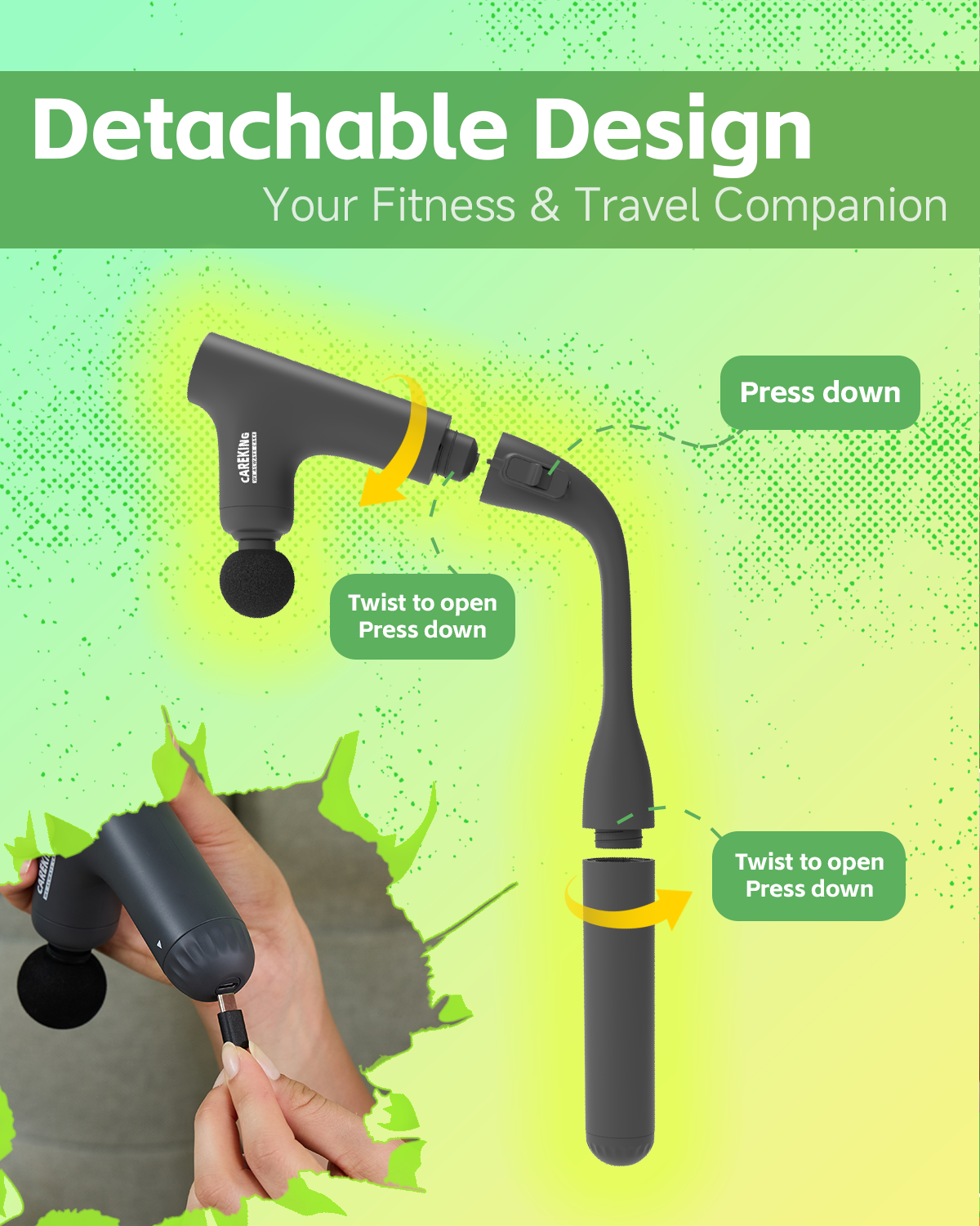 3 Style Back Massage Gun with Extended Handle for Hard-to-Reach Areas, Convertible Massager Pain Relief Deep Tissue Percussion Muscle Massager Shoulder, and Legs for Men and Women